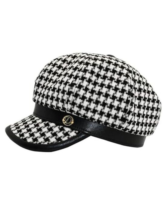 Black and White Houndstooth Baker Boy Hat Cap with Faux Leather Brim main image 5